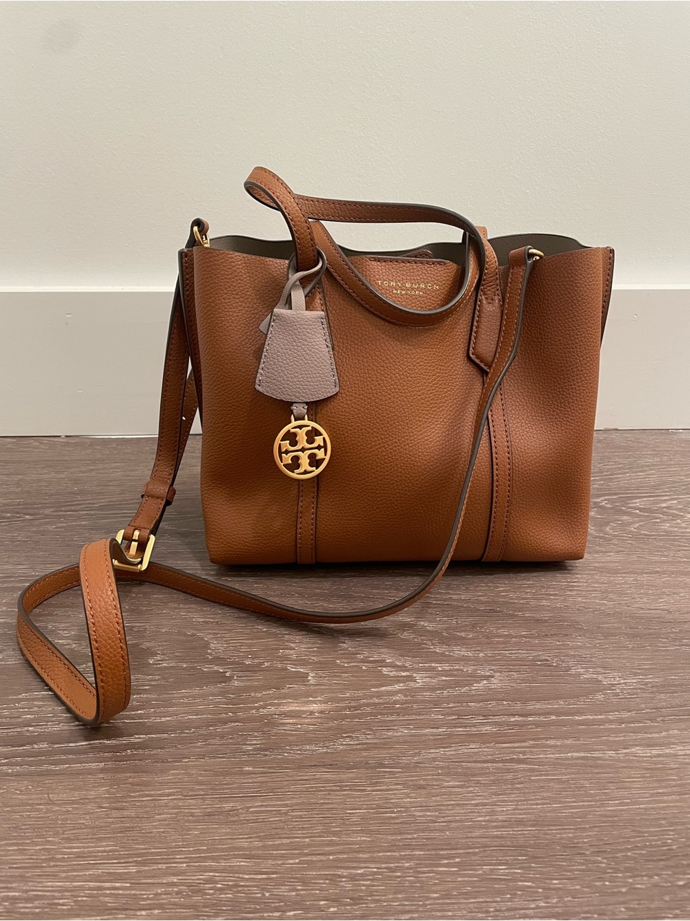 Tory Burch Small Perry Brown Leather Convertible Tote with Crossbody Strap Brown